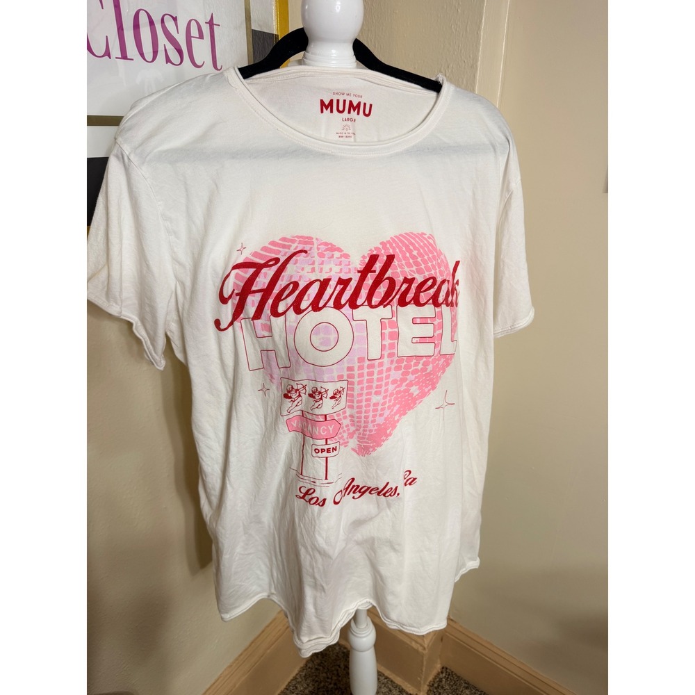 Show Me Your Mumu Heartbreak Hotel Graphic Tee White Pink Los Angeles Large